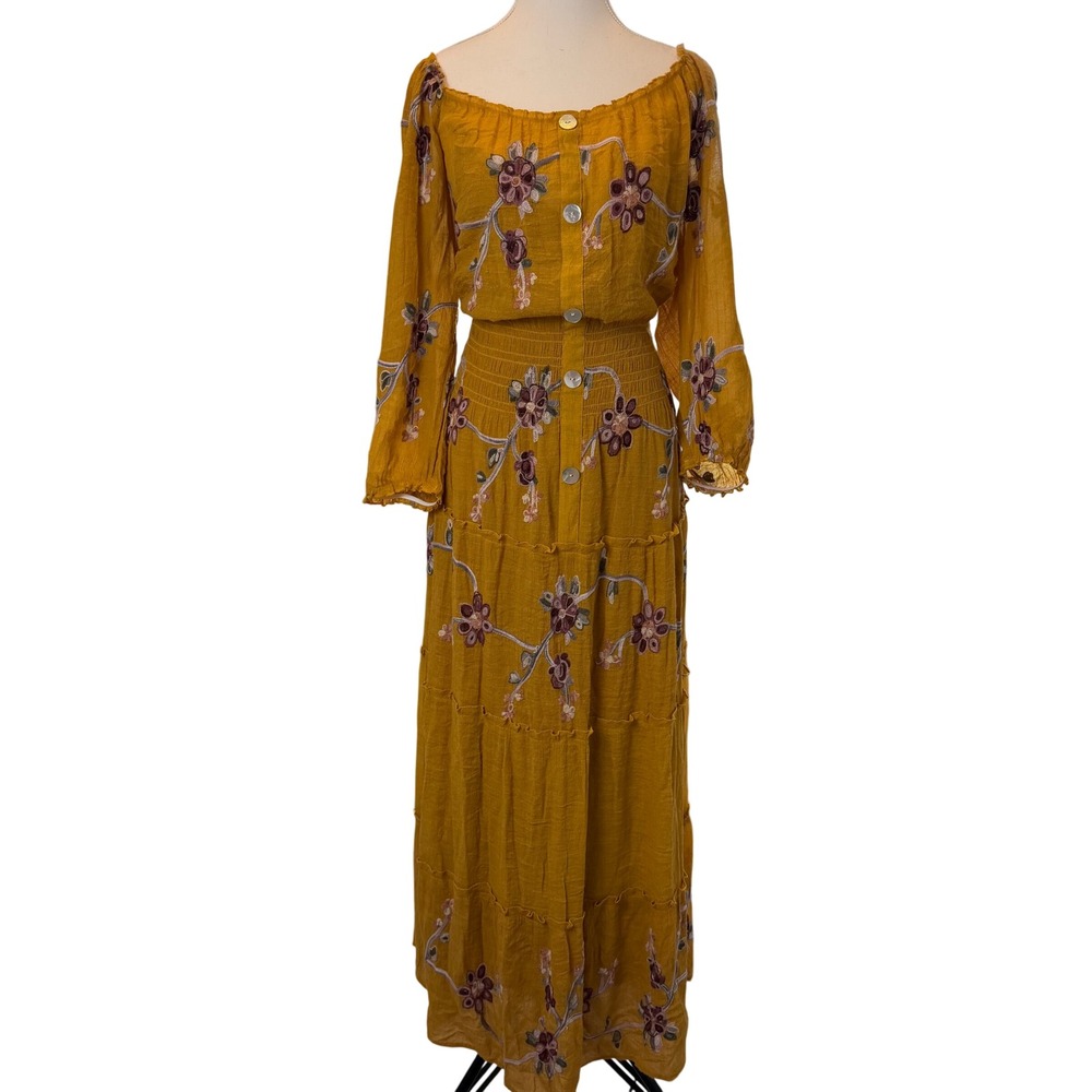 Fig and Flower Mustard Yellow Floral Embroider Smocked Tier Maxi Dress 2X Boho